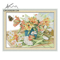 Crossdecor ดอกไม้ Cross Stitch ชุดผีเสื้อรักดอกไม้ประทับตราผ้าใบทำด้วยมือ DMC 11CT 14ct เย็บปักถักร้อย DIY เย็บปักถักร้อยด้ายฝ้ายชุดสำหรับผู้เริ่มต้นตกแต่งสำหรับ Sala Wall