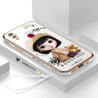 (คลังสินค้าพร้อม) เคสเคสมือถือสำหรับ Vivo Y11 2019 /Y12i 1906พร้อมฟรีสายคล้อง + การ์ตูนสาวน่ารักขอบสี่เหลี่ยมชุบเคลือบเคสฝาหลังนิ่ม