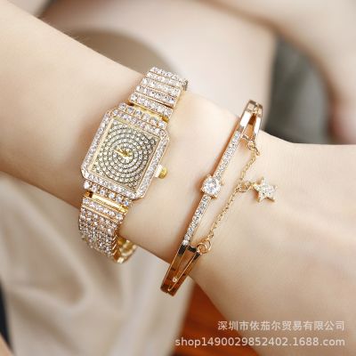 【July】 New womens quartz watch rhinestone buckle square simple fashion set