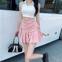 Korean Version Loose and Versatile A-line Pleated Denim Short Skirt for Women