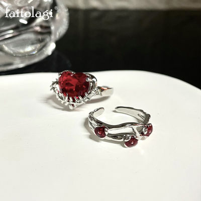 แหวนเซอร์คอนหนาม Y2K แหวนลายหัวใจสีแดงแนวกอทิกแหวนเปิดจี้คริสตัลสองชั้นแหวนแนววินเทจหินแห่งความรักสวยงาม