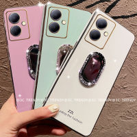 Phone Case เคส VIVO Y27 Y78 4G 5G ฝาครอบหลังนิ่มชุบ2023พร้อมกระจกพลอยเทียมสุดหรูที่วางโทรศัพท์เคสโทรศัพท์