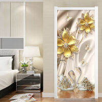 European Style Door Sticker 3D Flowers Swan Luxury Wallpaper Bedroom Ho Home Door Decals 3D Paste PVC Self-Adhesive Stickers