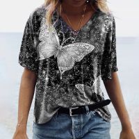 【Feb】 5XL Oversized Women 3D Butterfly Print T Shirt Summer 2023 Casual Half Sleeve V-Neck Loose Pullover Shirt Ladies Tops Large Size