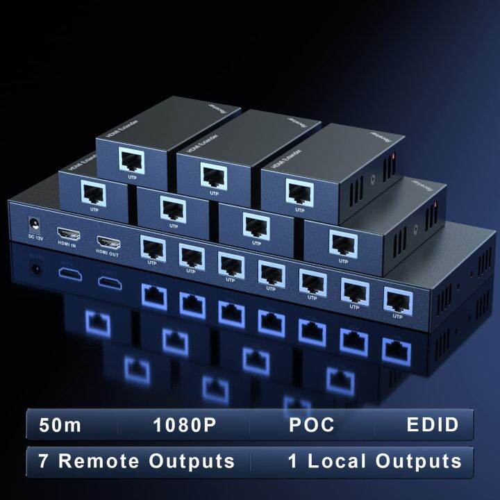 1x7 HDMI Splitter Extender Over Cat 5E/6/7 Cable 50m 1080P