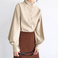 ‘；’ Big Lantern Sleeve Blouse Women Spring Fashion Single Breasted Stand Collar Shirts Female Office Work Blouse Solid White Tops