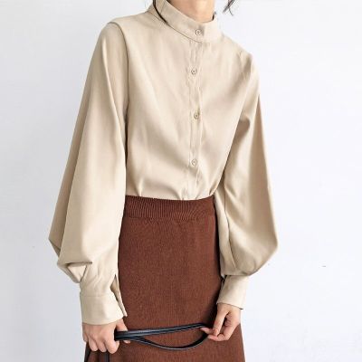 ‘；’ Big Lantern Sleeve Blouse Women Spring Fashion Single Breasted Stand Collar Shirts Female Office Work Blouse Solid White Tops