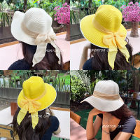 หมวกสานปีกกว้างผู้หญิง คาดโบว์สวยๆ หน้าร้อน พักผ่อนกลางแจ้ง หมวกชายหาดเหมาะสำหรับใส่เที่ยวทะเล แฟชั่นกันแดด พร้อมส่งจากไทย
