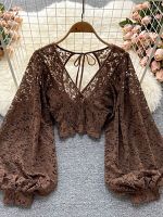 Autumn Black/White/Brown Sexy Lace Blouse Women Elegant V-Neck Puff Long Sleeve Open Back Short Tops Female Party Blusas 2023