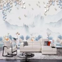 ┇ Decorative wallpaper Modern fashion style relief deer tree watercolor mountain leaf bird background wall