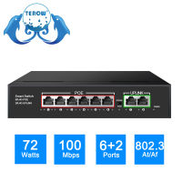 TEROW POE Switch Full Gigabit 8 พอร์ต 100Mbps Network LAN RJ45 Hub Smart Ethernet Switcher 72W สําหรับกล้อง IP / ไร้สาย AP / WiFi