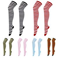 【LZ】▨♨  Mulheres na moda Malha Sobre Joelho Meias Meninas Anime Striped Party Dance Meias Colégio Cosplay Vento Meias JK Meias Altas