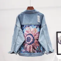 [DEAT] 2022 Autumn New Fashion Single-breasted Turn-down Collar Long Sleeve Hole Diamonding Printing Denim Jacket Women 13Z1395