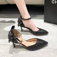 New Flashion Luxury Silver Sequin High Heels Wedding Shoes Women Crystal Bowtie Ankle Straps Shoes Woman Thin Heeled Pumps