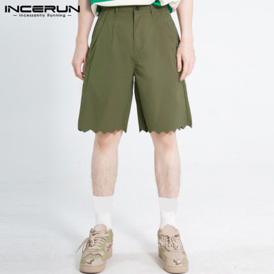 INCERUN กางเกงขาสั้นแฟชั่นผู้ชายเอวสูงหอยเชลล์สีพื้นกางเกงลำลอง (สไตล์เกาหลี)
