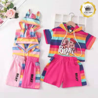 Little Honeyเสื้อผ้าเด็กผู้หญิง พร้อมส่ง (อายุ4-7ขวบ) เสื้อผ้าเด็ก เสื้อสเวตเตอร์แขนสั้น+กางเกงขาสั้น ผ้ายืดนุ่มใส่สบาย ลายฟรุ้งฟริ้งน่ารัก