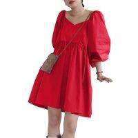 CELMIA Women Fashion Puff Sleeve Party V Neck Holiday Loose Pleated Dress