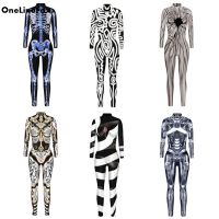 OneLineFox Female Halloween Costume For Women Cosplay Robot Printed Costumes Jumpsuit Skull Carnival Costume Bodysuit Rompers