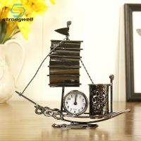 Strongwell Iron Sailing Model Clock Ornaments Antique Craft Pen Holder Multifunctional Home Decoration Accessories Room Gifts