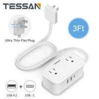 TESSAN 3 FT สายไฟต่อปลั๊กแบนแบบห่อพร้อม 4 เต้ารับ AC และ 3 USB (1 USB C), รางปลั๊กไฟแบบพกพา 7 in 1 สำหรับบ้าน, Travel-SDFU STORE