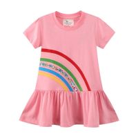 Jumping Meters New Arrival Rainbow Embroidery Girls Summer Dresses Short Sleeve Cute Baby Clothes Toddler Party Wear Birthday  by Hs2023