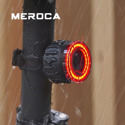 MEROCA จักรยานด้านหลังไฟชาร์จยูเอสบีมองเห็นได้ชัดเจนหลายแบบกระพริบด้วยเซ็นเซอร์เบรคไฟท้าย MTB โคมไฟจักรยานเสือหมอบ