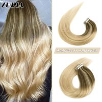 ZURIA Mini Tape in Human Hair Extensions 22/24 Invisible Skin Weft Adhesive Blonde Natural Straight Hairpieces For Women Salon