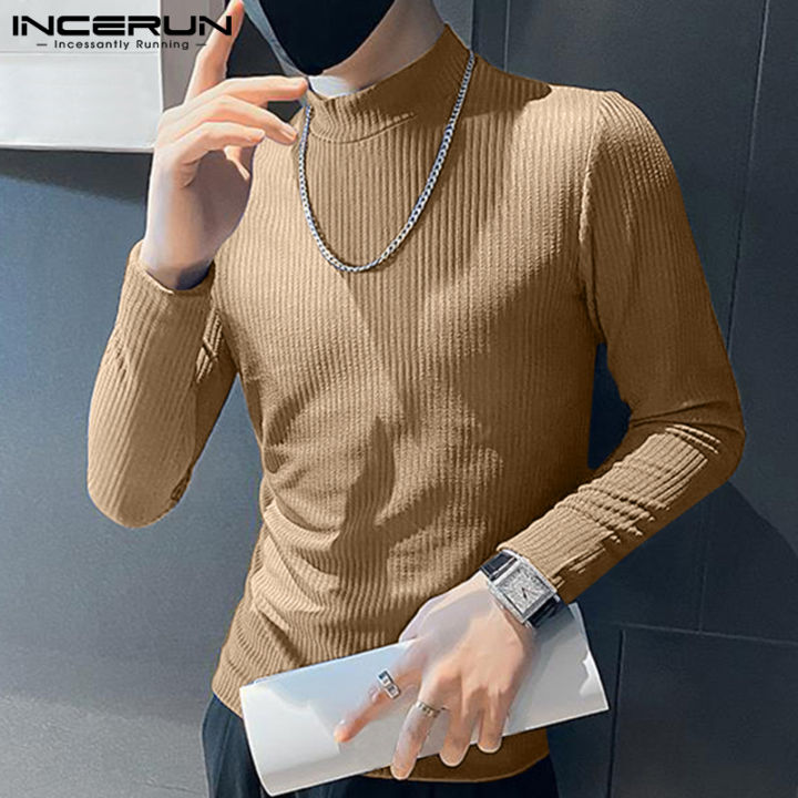 incerun-เสื้อกันหนาวแขนยาวคอสูงสำหรับผู้ชาย-เสื้อยืดจั๊มเปอร์เสื้อสวมหัวเสื้อยืดให้ความร้อนเสื้อกล้ามสไตล์เกาหลี