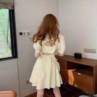 Cherrys Korean rench Orange Terrier First Love Sweet Little Heart Machine Skirt Bubble Sleeves Midi Dress