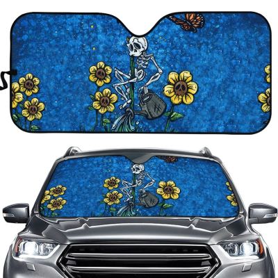 【LZ】 Skull and Sunflowers Printed Car Front Window Sunshade Protect Sedan Interior Block Sun Glare Durable Foldable Windscreen Covers