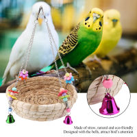 Bird Straw Bird Swing ของเล่นพร้อมระฆังโลหะ 4 ชิ้นของเล่นสำหรับ Budgies Cockatiel Parrots Parakeets Lovebirds African Greys Cockatoo Biting Chewing Swing Standing Perching Pet Cage Supplies