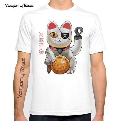 Japan Fortune Cat Funny Anime Maneki Neko Pirate Tshirt Men Summer New White Casual Short Sleeve Unisex Streetwear T Shirt