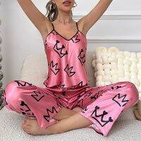 2023 New Summer Womens Pajamas Imitation Silk Loungewear Stylish Crown Print Loungewear Suspender Trousers Pajama SetTH