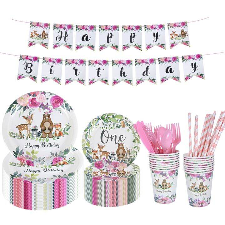 high-end-cups-woodlanddisposable-tableware-set-แผ่นกระดาษ-cupszoo-foxdeer-baby-shower-birthday-party-decoration