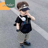 WANDER ชุดเด็กผู้ชาย เสื้อเช็้ตเด็กชาย การพิมพ์ตัวอักษรแฟชั่นเกาหลี เซ็ต2ชิ้นกางเกงขาสั้นผ้าคอตตอนลายสก็อต23730