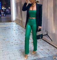 XEASY Women  PU Green Summer Two-Piece Set Vintage Slim Tank Top Female Streetwear Elastic High Waist Trousers Pants Set