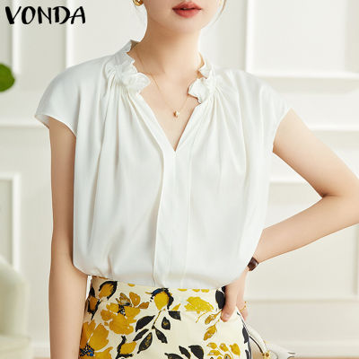 (จัดส่งฟรี)Fancystyle VONDA เสื้อสำนักงานผู้หญิงเสื้อมีจีบคอวีแต่งระบายสำหรับแขนสั้นแข็ง