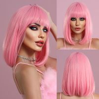 NAMM Short Straight Pink Wig for Woman Daily Party Cosplay Lolita Wig Natural Synthetic Bob Wig with Bangs Heat Resistant Fiber
