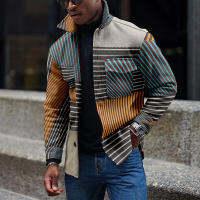 2021 Autumn Winter Men Jackets Harajuku Fashion Striped Patchwork Coats For Mens Casual Turn-down Collar Buttoned-up Outerwear