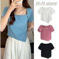 COD DSFERTRETRE 4 Colorsx Womens Square Neck Solid Color Irregular Short Sleeve T-Shirt Cropped Tops