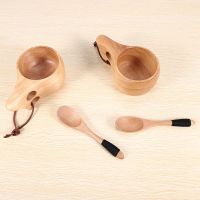 2Pack Nordic Style Wooden Cup Kuksa Cup Portable Outdoor Camping Drinking Mug Wooden Coffee Cup with Wooden Spoon