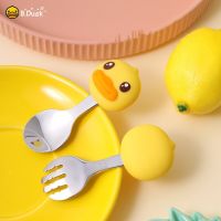 LUDDY Duck Fork Spoon Baby Learn To Eat Training Baby Eat Short Handle Silicone Fork Spoon Childrens Tableware Set Bowl Fork Spoon Sets