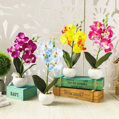 【cw】 4Heads Artificial Orchid Potted Bonsai for Garden Decoration Office Bedroom Ornament Fake Flowers ！