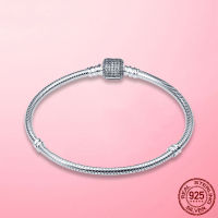 Classic 925 Sterling Silver Sparkling Pave Clasp Snake Chain Bracelet For Women Fit Original Brand DIY Charm Beads Jewelry Gift