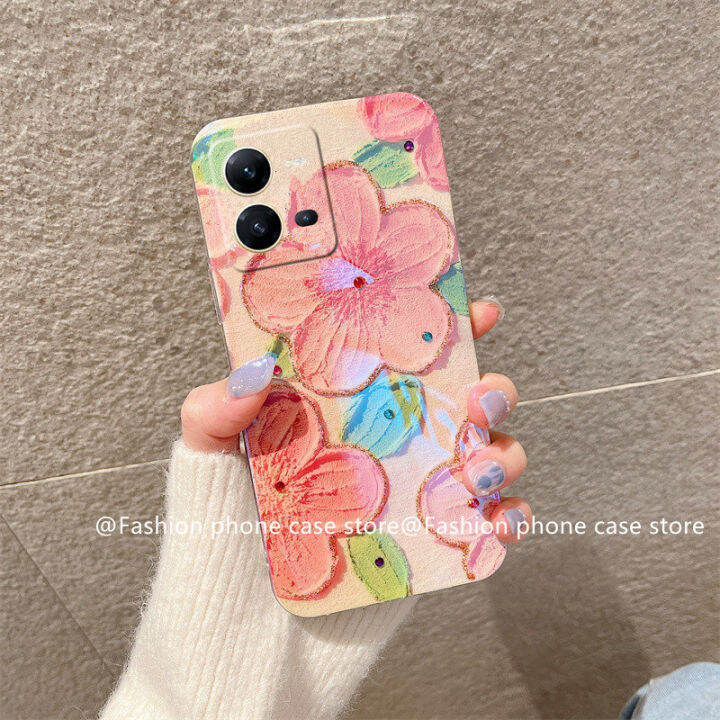 เคสโทรศัพท์-vivo-v25e-v25-pro-5g-y35-2022-phone-case-ปลอกใหม่หรูหรา-vintage-blu-ray-rhinestone-camellia-ดอกไม้-soft-cover