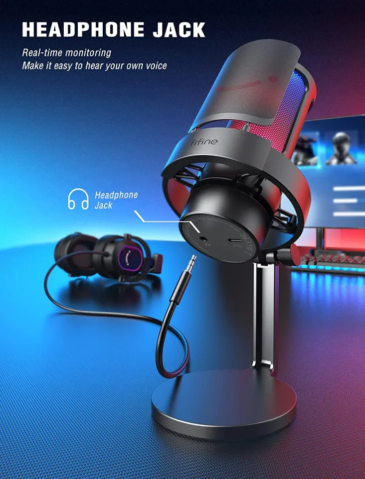 FIFINE XLR/USB Gaming Microphone for Streaming Podcasting, PC Computer RGB  Mic, with Gain Knob, Mic Mute, Monitoring Jack, Gamer Mic for Recording