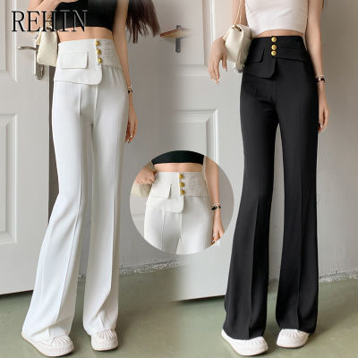REHIN กางเกงขาบานชุดลำลองเอวสูงตกแต่งโลหะคุณภาพสูงสำหรับผู้หญิงสไตล์เกาหลีแบบใหม่สีทึบ
