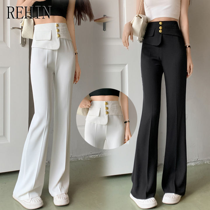 rehin-กางเกงขาบานชุดลำลองเอวสูงตกแต่งโลหะคุณภาพสูงสำหรับผู้หญิงสไตล์เกาหลีแบบใหม่สีทึบ