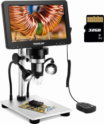 TOMLOV DM9 7" LCD Digital Microscope 1200X, 1080P Video Microscope with Metal Stand, 12MP Ultra-Precise Focusing, LED Fill Lights, PC View, Windows/Mac OS Compatible, with SD Card, Model- DM9