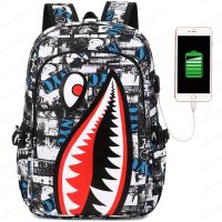 geegostudio Large Capacity Shark Retro Print Backpack, Oxford School Daypack With USB Charging Port, Cartoon Travel Commuter Bag